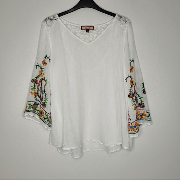 Olive Hill white multicolored boho embroidered sleeve pull over top L - Picture 1 of 7